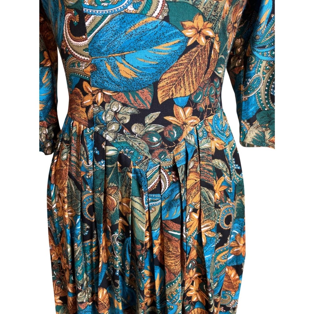 Benson & Smith Paisley Midi Dress Womens 6 Blue Dropped Waist Pleated Vintage - Picture 4 of 8